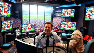 Engaging sports broadcasting scene showcasing hosts and live game displays.