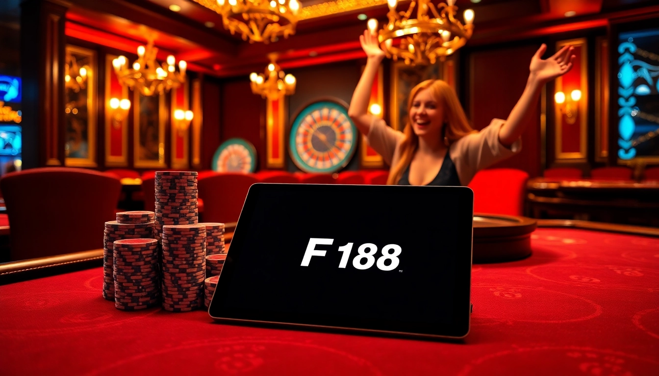 Excited gamblers celebrating wins at F 168 in a luxurious casino atmosphere.