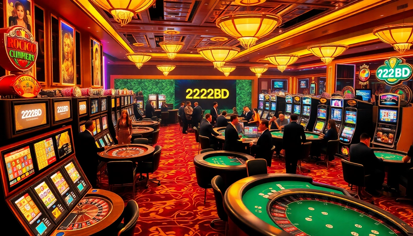 Excited gamblers playing slots at a luxurious casino scene featuring 222BD branding.