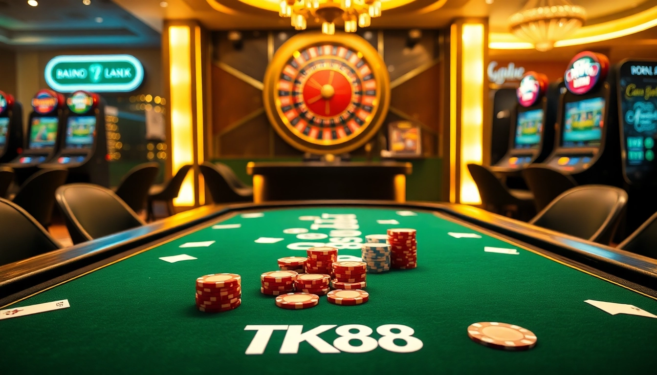 Experience high-stakes excitement at TK88, featuring a luxurious poker table with vibrant chips and cards.