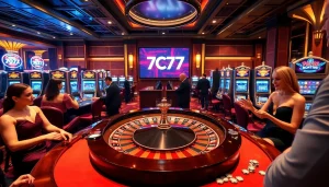 Engage with the thrill of winning at 7C77 Casino with vibrant slot machines and a roulette table.