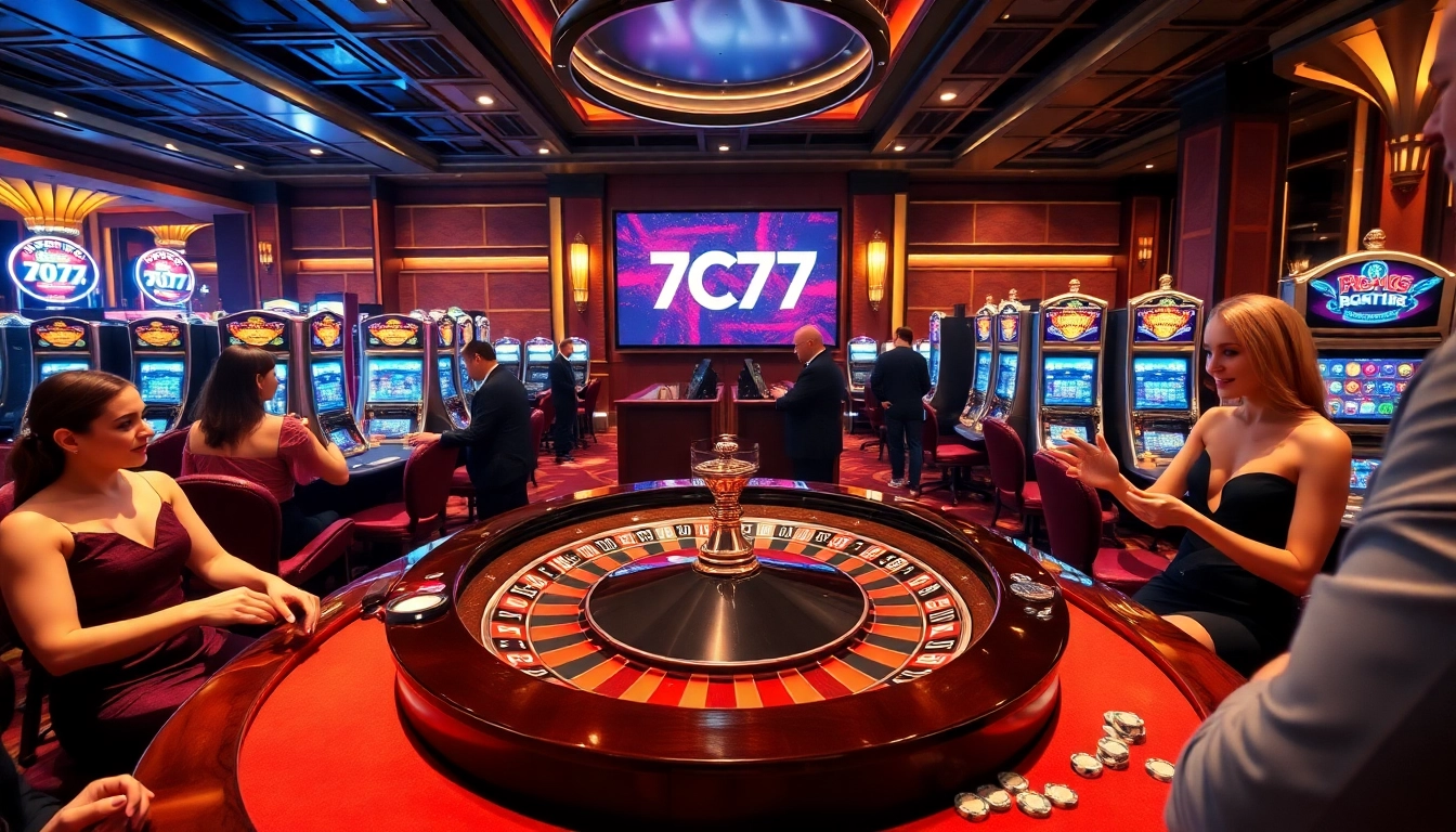 Engage with the thrill of winning at 7C77 Casino with vibrant slot machines and a roulette table.