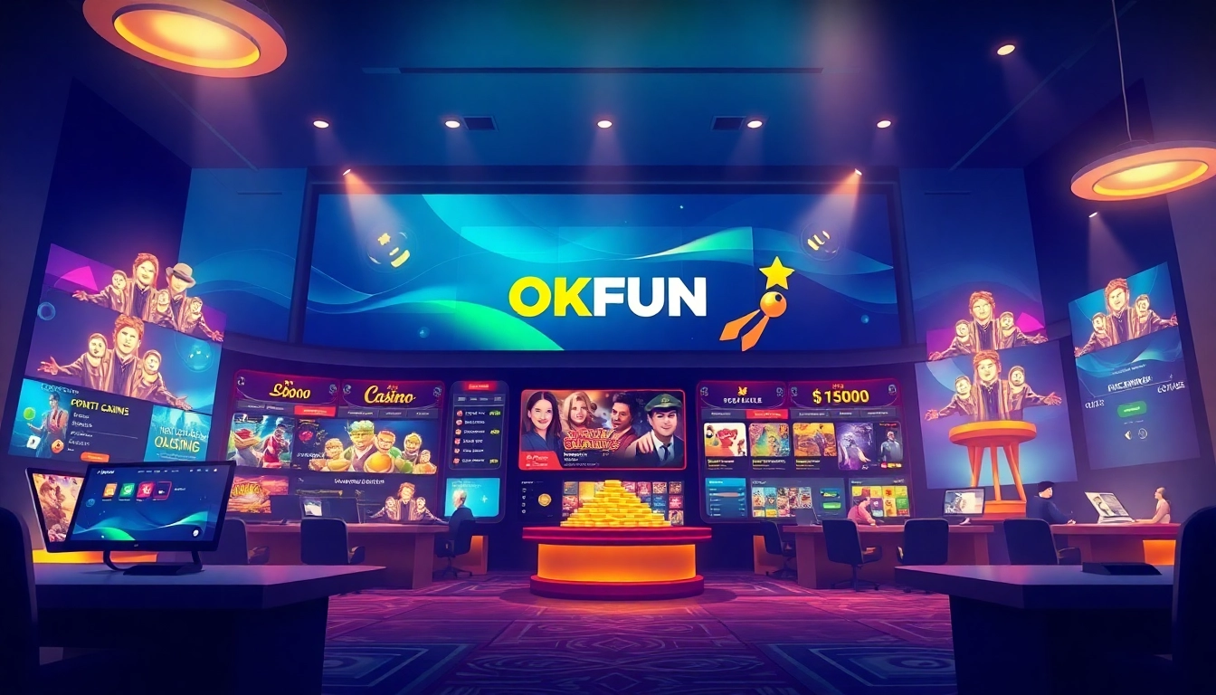 Vibrant illustration of Nhà cái OKFUN's modern online gambling platform showcasing casino games and sports betting.