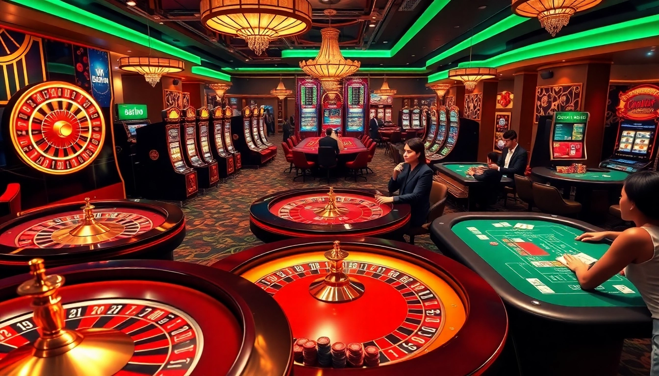 Exciting casino atmosphere showcasing winning gameplay at 58win com with vibrant slot machines and roulette tables.