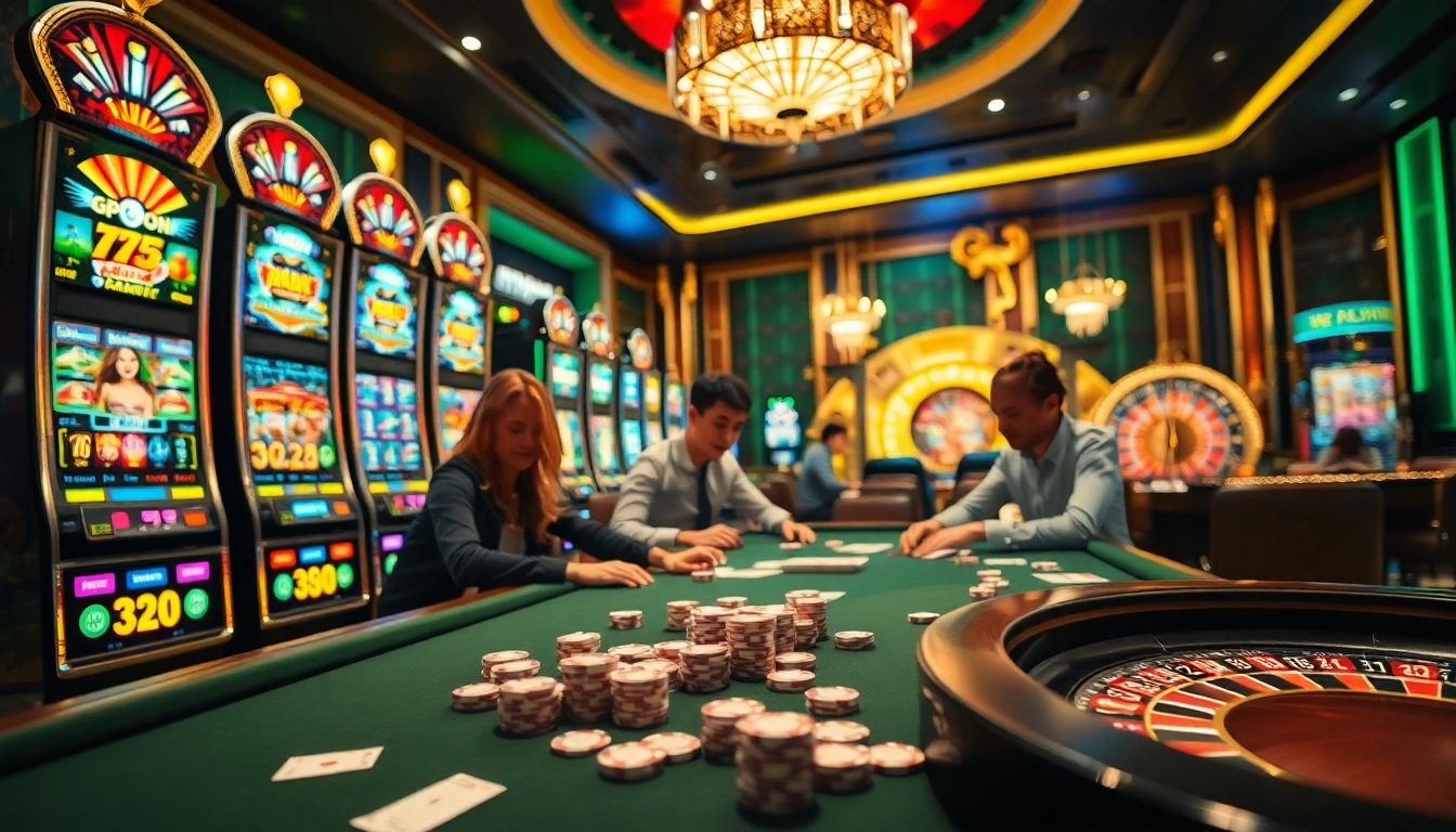 Excitement surrounding the game nổ hũ at a luxurious casino with vibrant slot machines and engaged players.