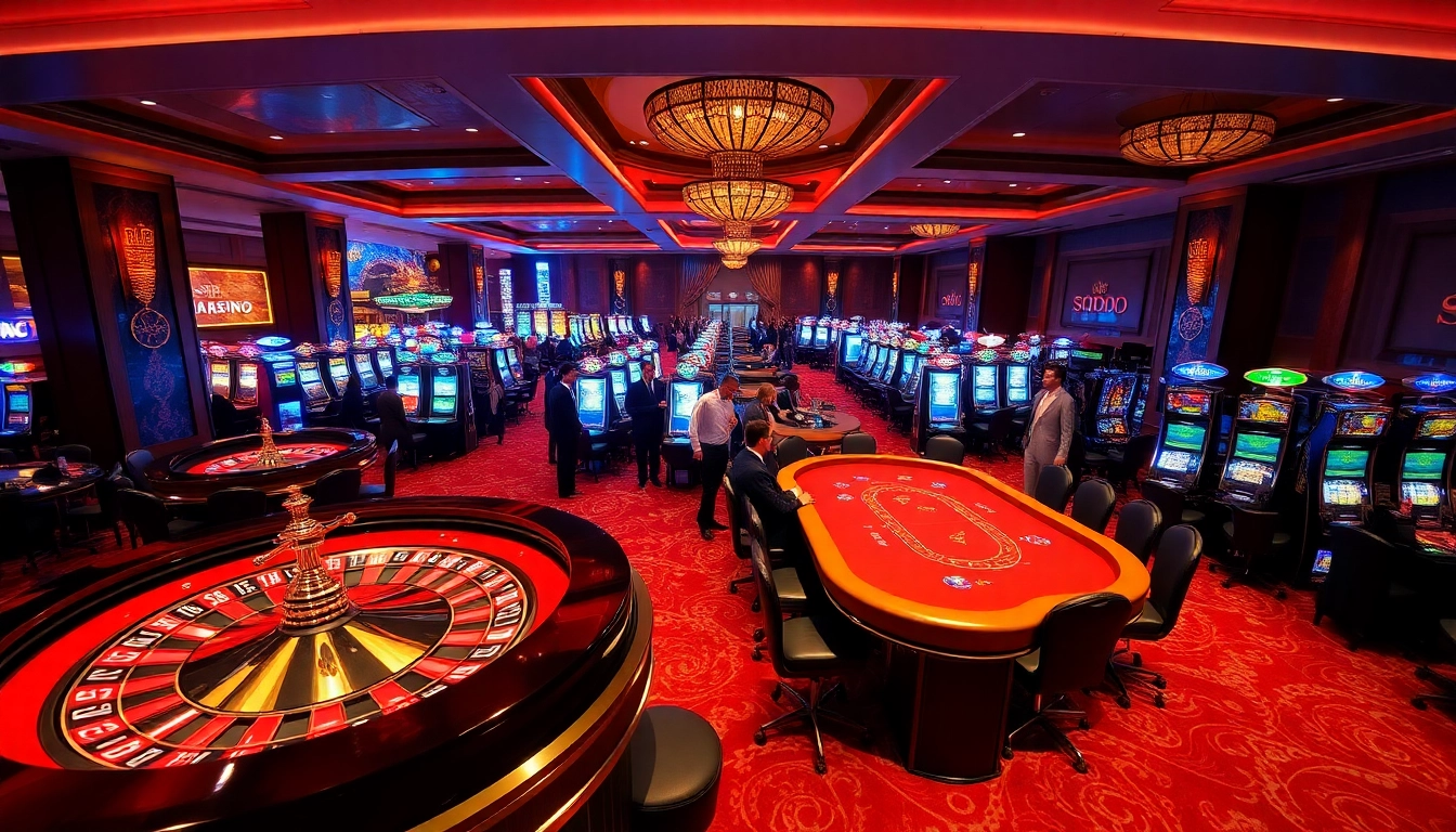 Exciting gameplay at SODO Casino with players involved at roulette and poker tables.
