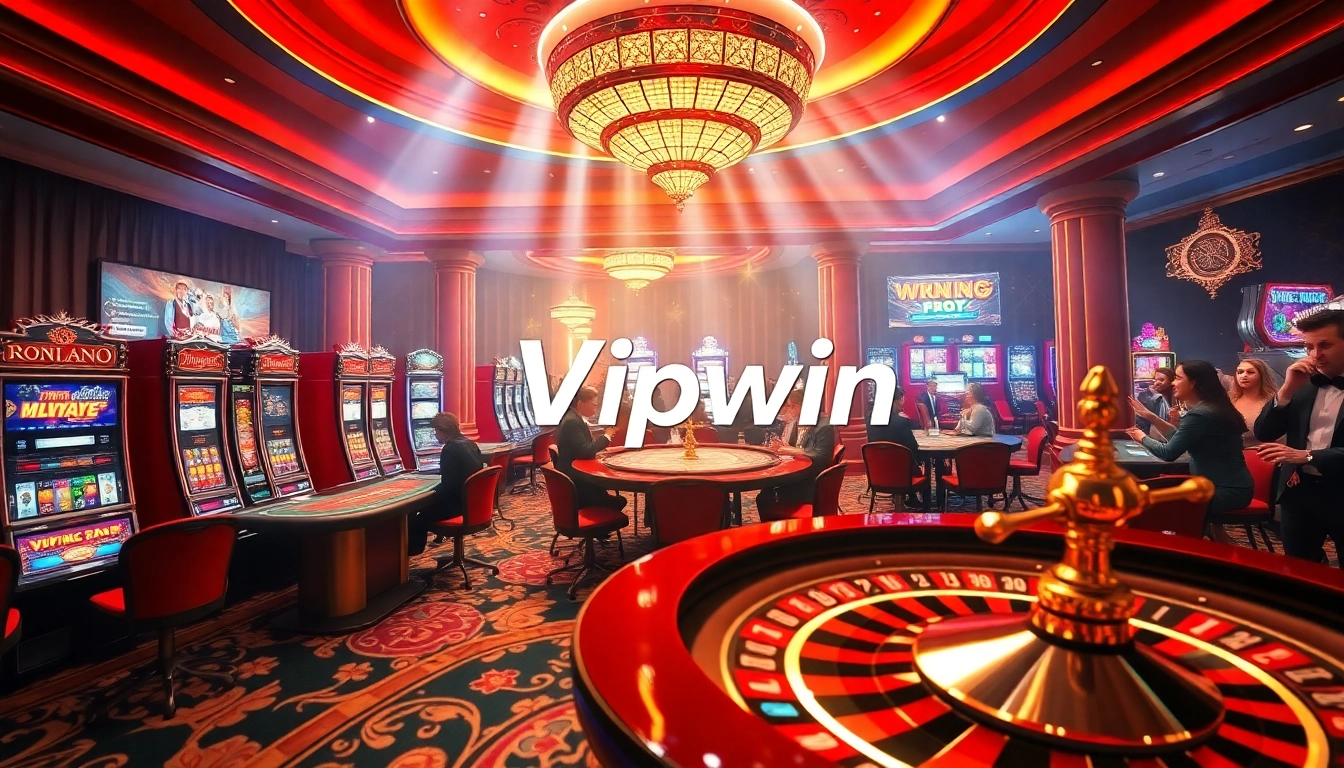 Engage in thrilling casino activities with Vipwin's luxurious gaming atmosphere featuring poker tables and slot machines.