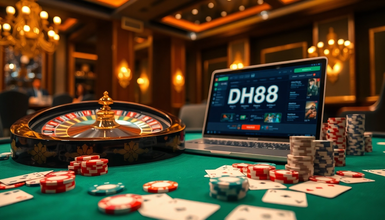Experience online gaming excitement at https://dh88vn.com/ with a luxurious casino setup featuring roulette and poker.