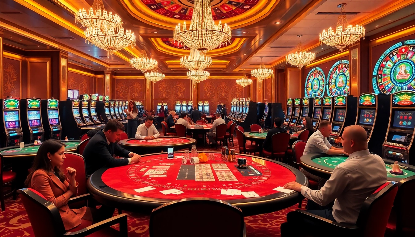 Exciting scene at Go8.com casino with players enjoying poker and slots, highlighting luxury and thrill.