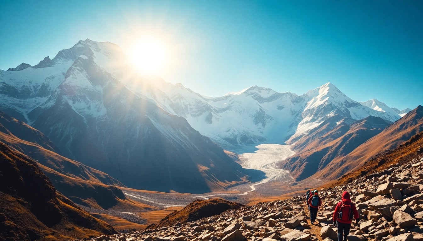 mount Everest base camp trek with stunning panoramic views of the Himalayas and trekkers on the trail