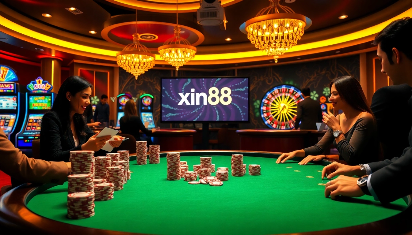 Engaged players strategizing at a casino poker table, with xin88 branding in a vibrant gaming atmosphere.
