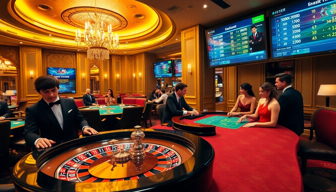 Engage with the immersive casino experience at https://febet9.club/ featuring players at roulette and poker tables.