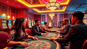 Exciting scene at nhà cái sun win highlighting a luxurious online casino experience with diverse players engaged in various games.