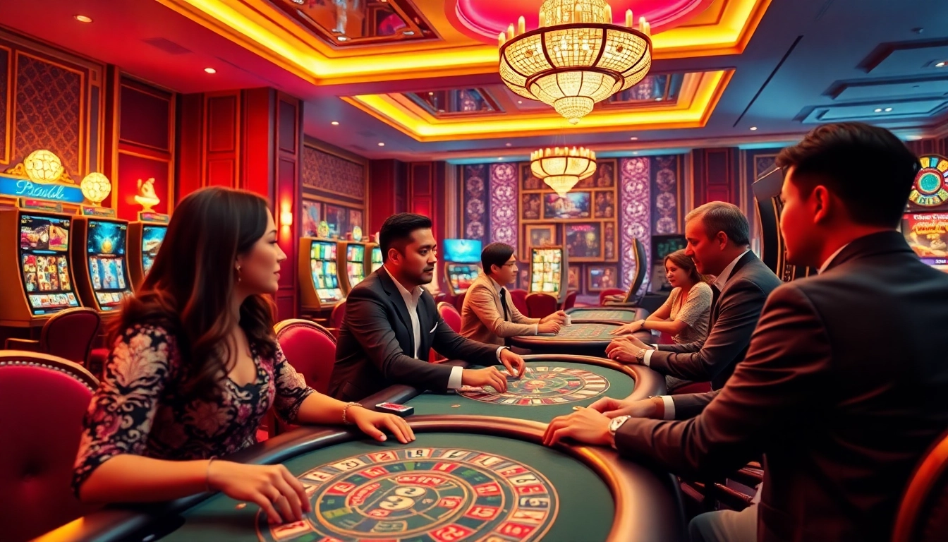 Exciting scene at nhà cái sun win highlighting a luxurious online casino experience with diverse players engaged in various games.