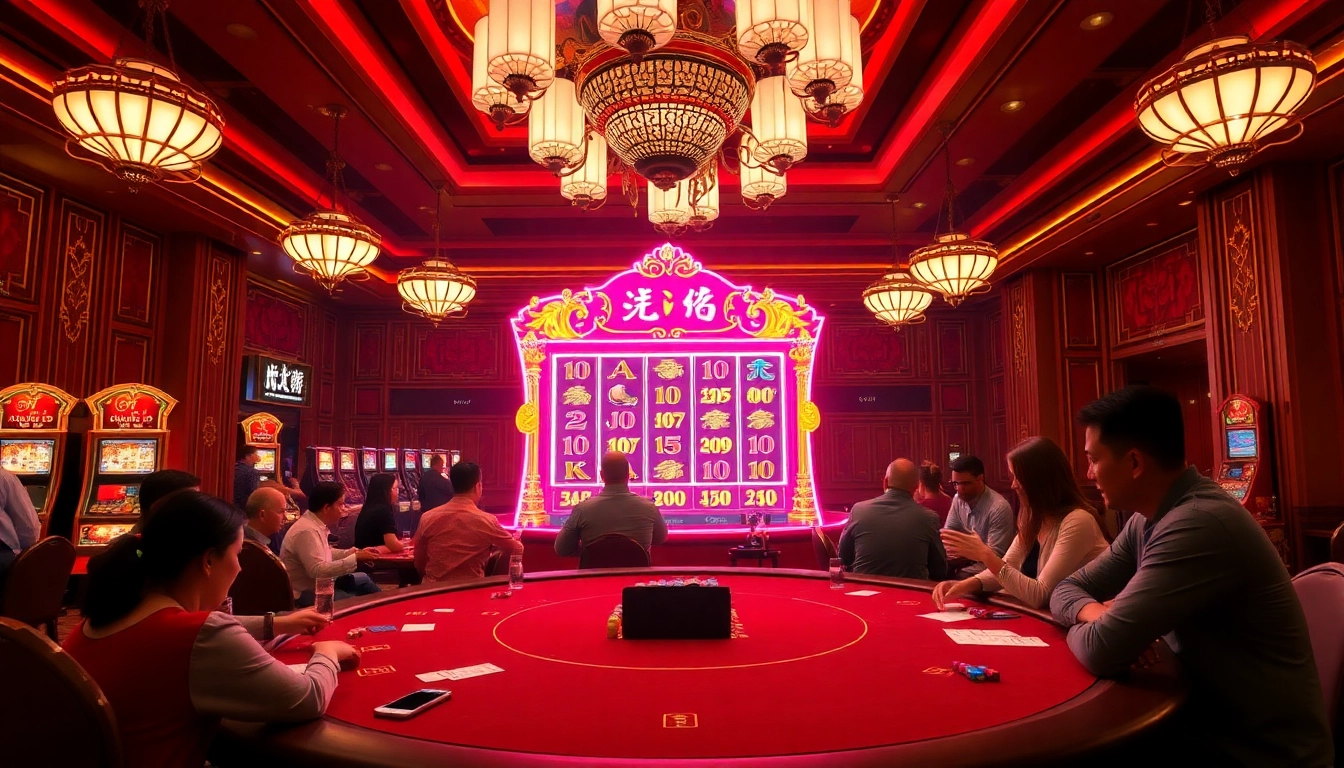 Exciting scene of nổ hũ slot machine in a luxury casino, highlighting players engaged.