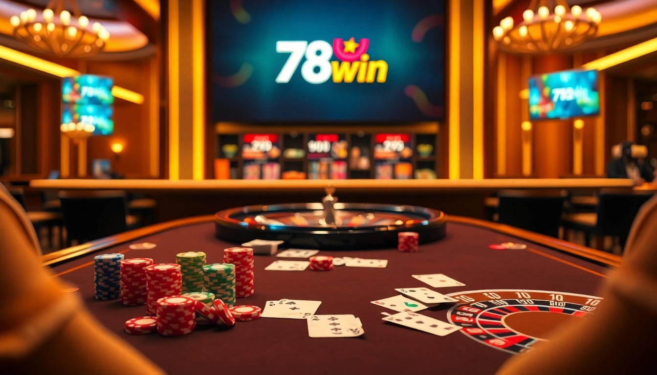 Players enjoying a game at the luxurious 78win casino with vibrant chips and cards.