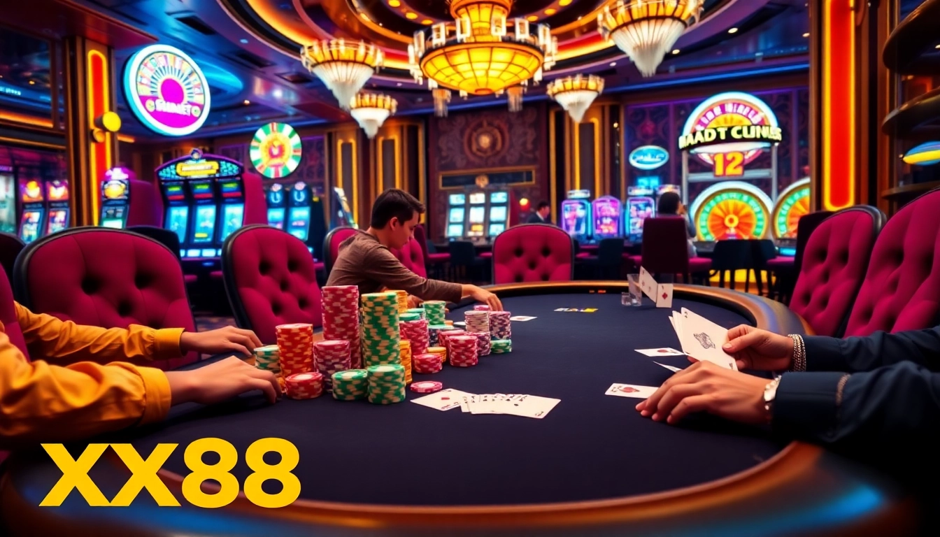 High-stakes poker action with players and vibrant XX88-themed casino elements