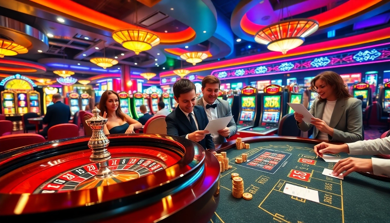 A lively scene at a casino showcasing players enjoying 88i bet with roulette, poker, and slot machines.