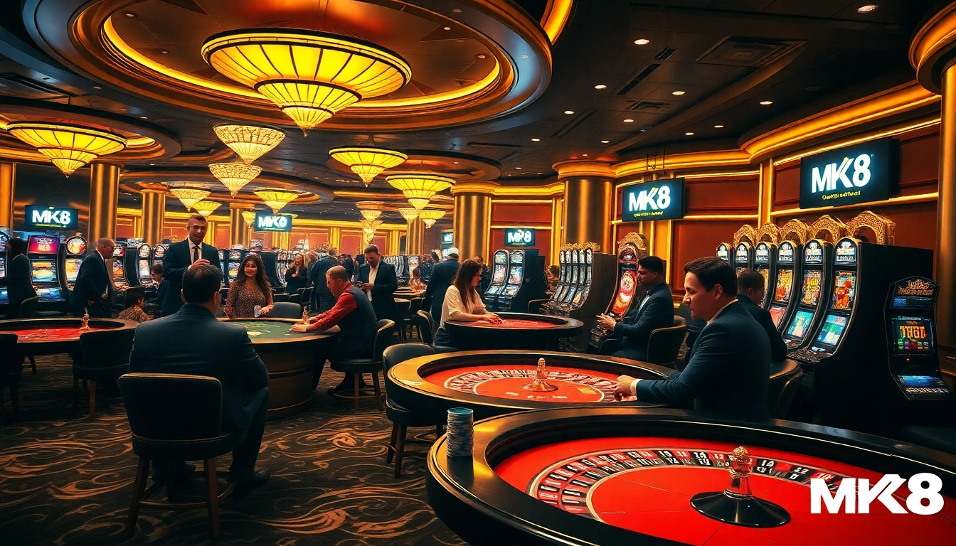 High-stakes players enjoying a thrilling game at MK8 casino with flashing slot machines.