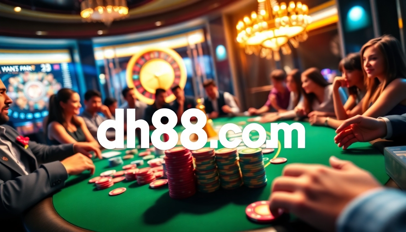 Engaged gamblers playing poker at DH88.com casino with vibrant chips and elegant atmosphere.