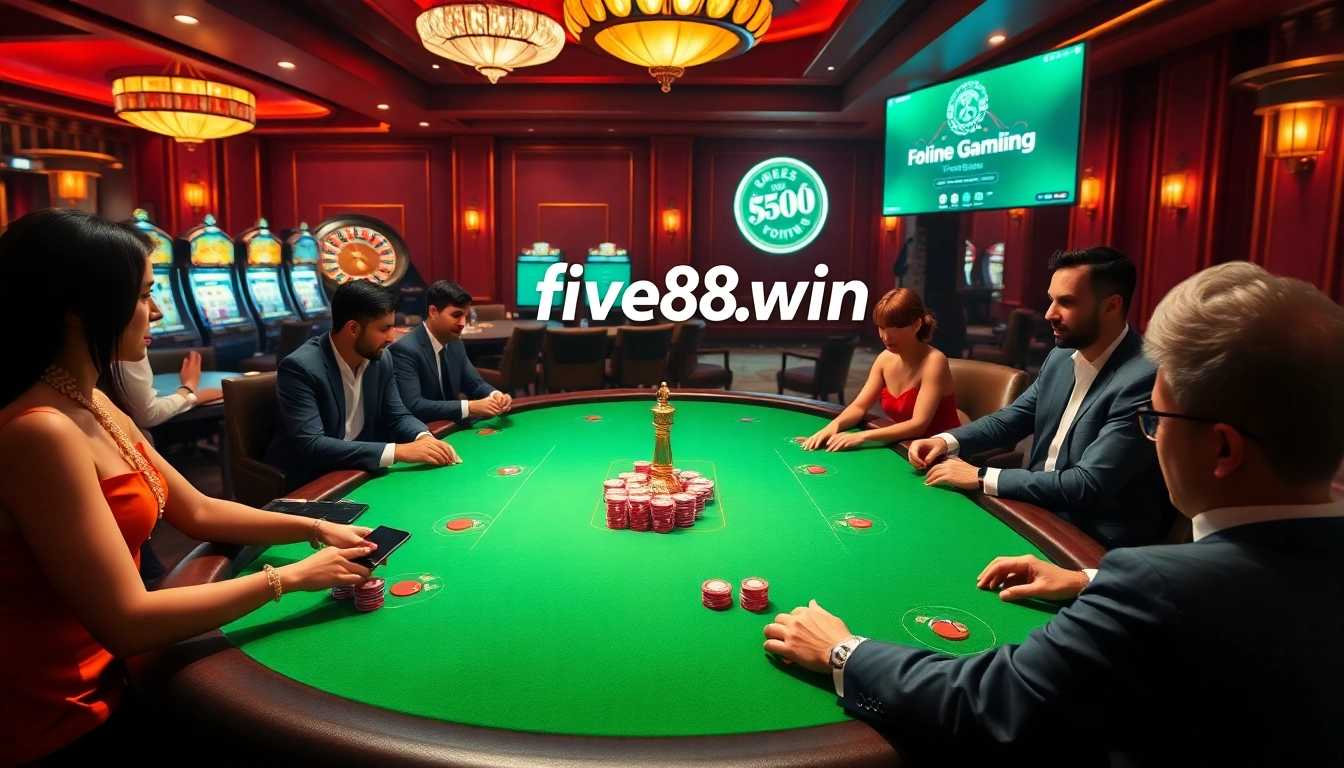 Players enjoying poker and roulette at an upscale casino featuring five88.win digital interface.