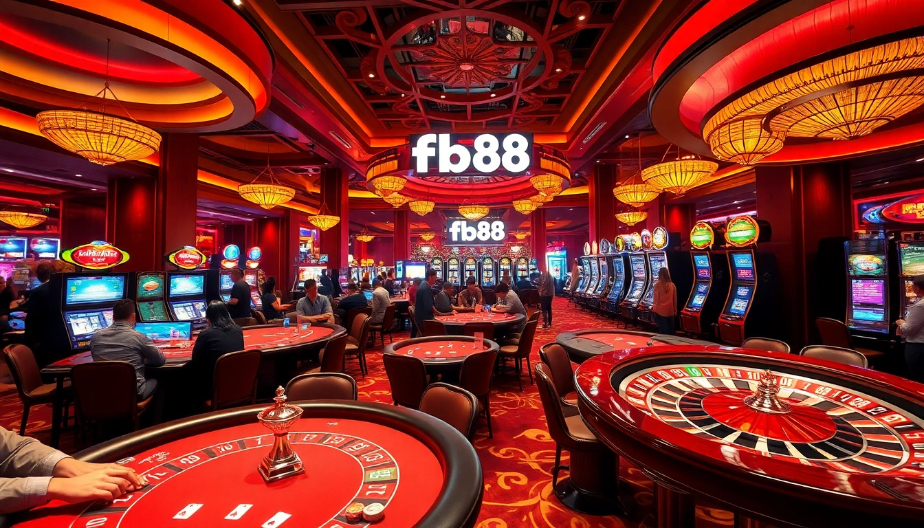 Engage in thrilling gameplay at Fb88, featuring an elegant casino with poker tables and slot machines.