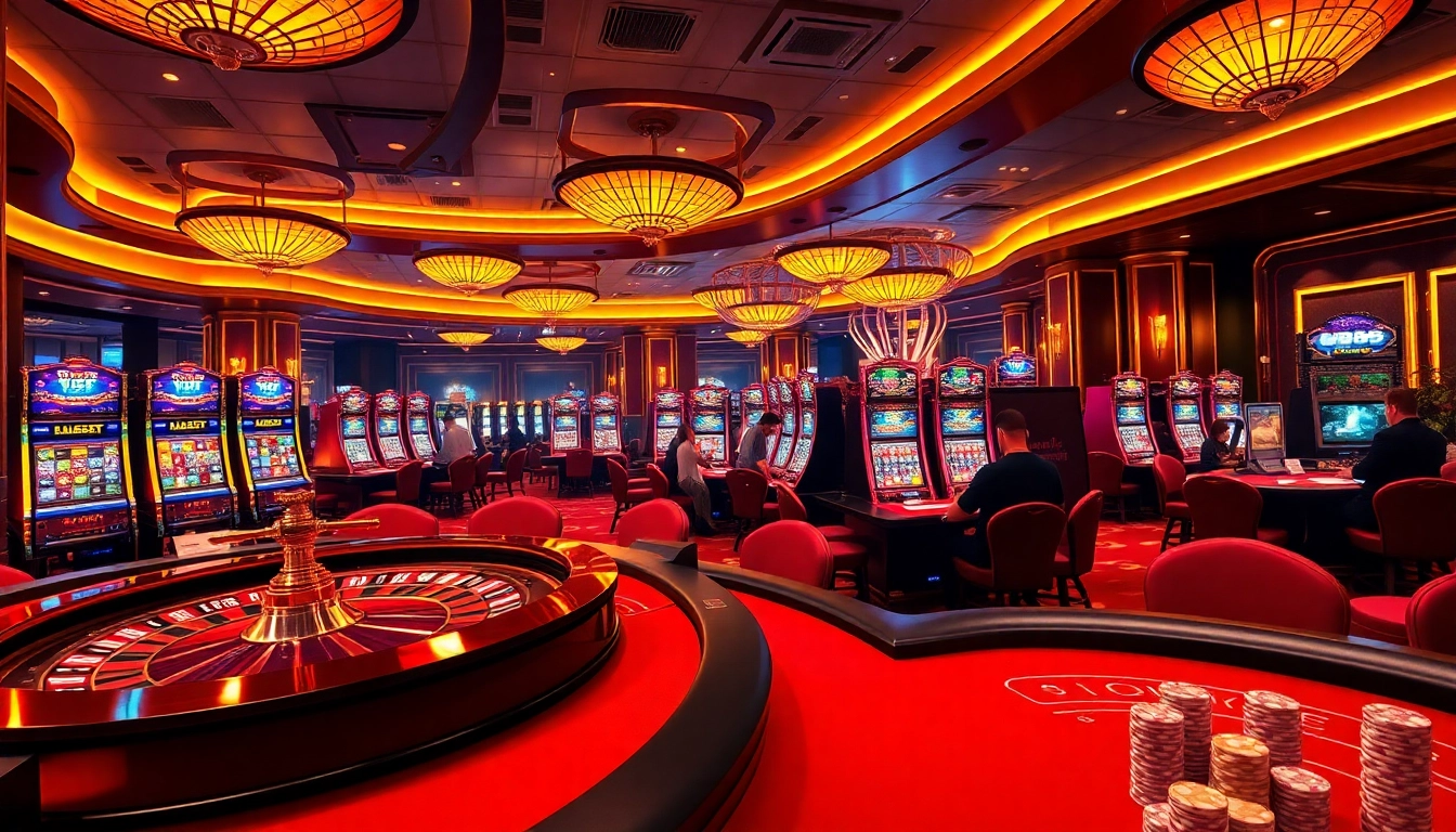 U888 casino scene with excited players at tables and colorful slot machines.