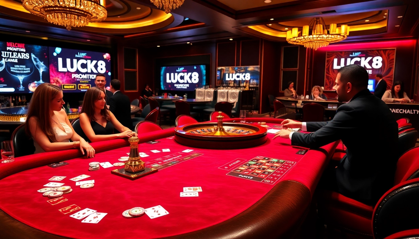 Cảnh casino LUCK8 đầy hứng khởi với chip bài poker, lá bài và bánh xe roulette trong bối cảnh sống động.