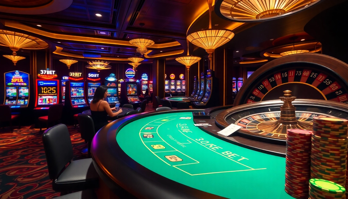 Players enjoying a thrilling game at the 39BET casino, highlighting luxury and excitement.