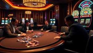 Experience thrilling casino action at PS99 with vibrant poker tables and exciting slot machines.