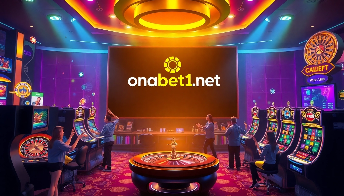 Exciting online gambling scene showcasing https://onbet11.net/ with poker chips and roulette wheels.