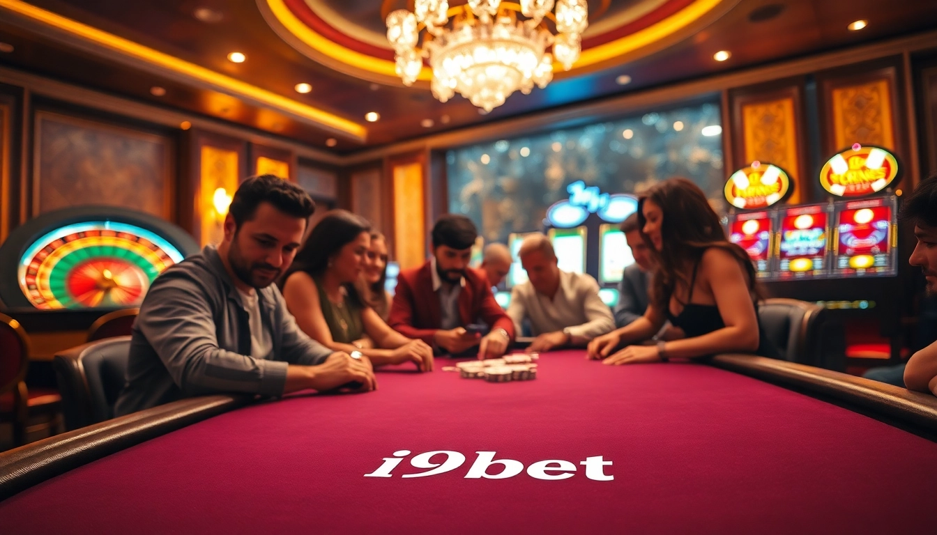 Exciting poker night at i9bet casino with intense players and vibrant roulette wheel.
