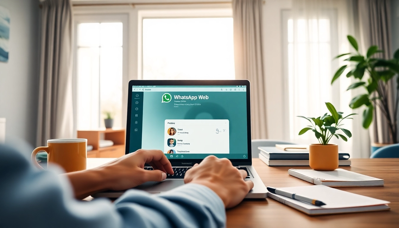 在明亮的家庭办公室里，使用笔记本电脑打开 WhatsApp Web 的人，展示高效沟通。