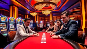 Excited gamblers at a poker table strategizing in a luxurious casino with TPJ branding elements.