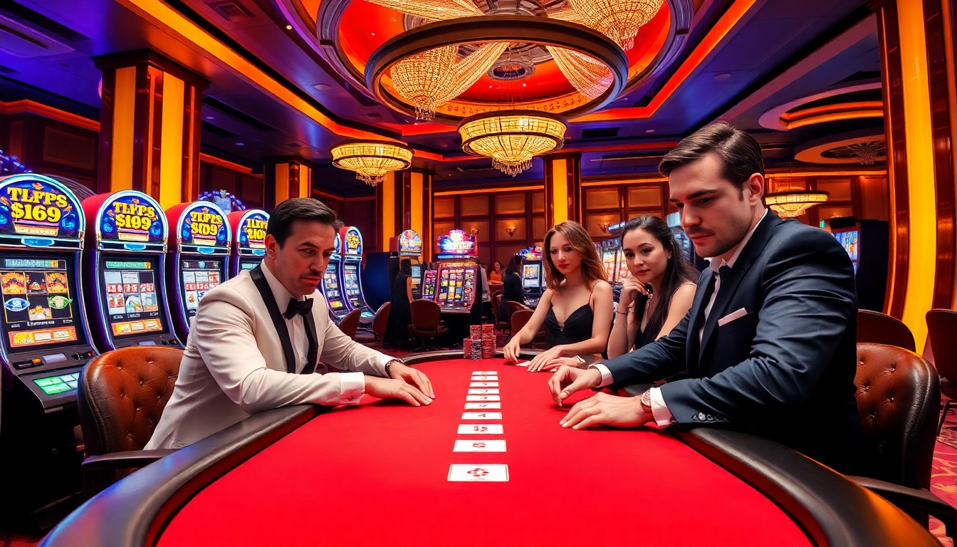 Excited gamblers at a poker table strategizing in a luxurious casino with TPJ branding elements.