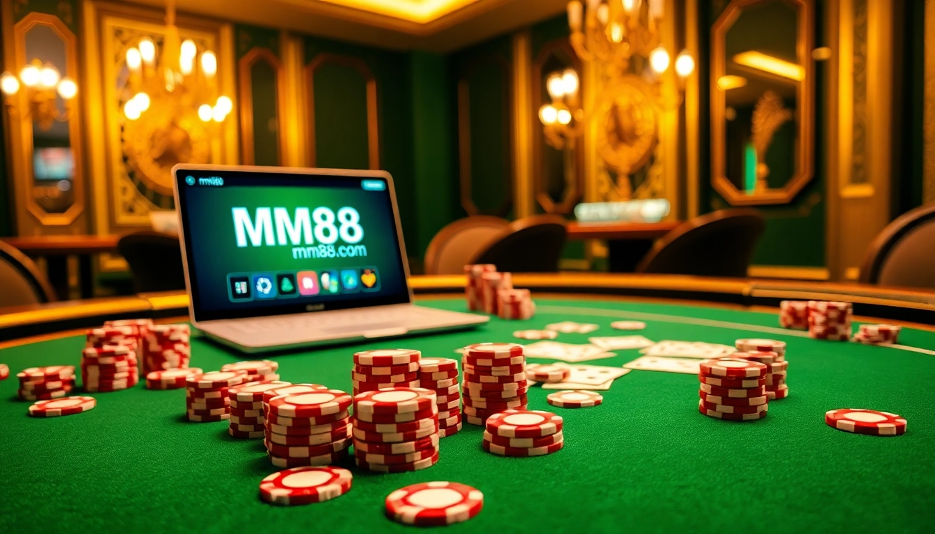 Engaging casino scene showcasing mm88.com with poker chips and elegant game tables in an inviting atmosphere.