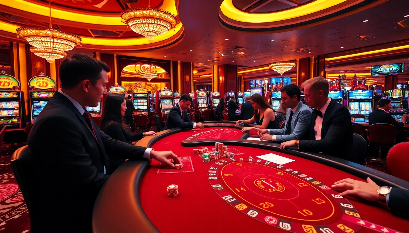 Sumvip casino scene showcasing thrilling gameplay with poker chips, slot machines, and dynamic gamblers.