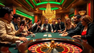 Players enjoying poker with abc8 branding in an upscale casino setting.
