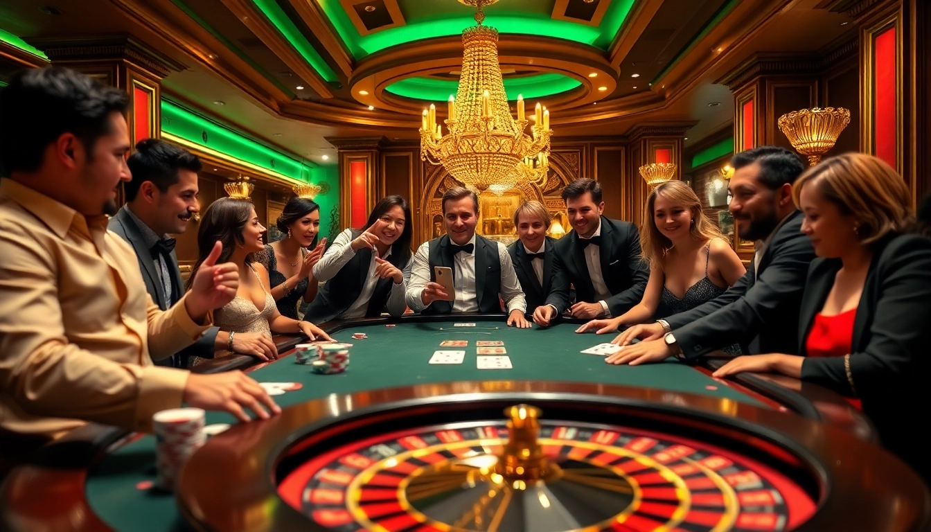 Players enjoying poker with abc8 branding in an upscale casino setting.