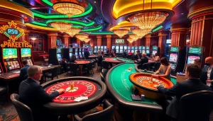 Intense gaming action at PS99's luxurious casino floor, featuring poker and roulette tables.