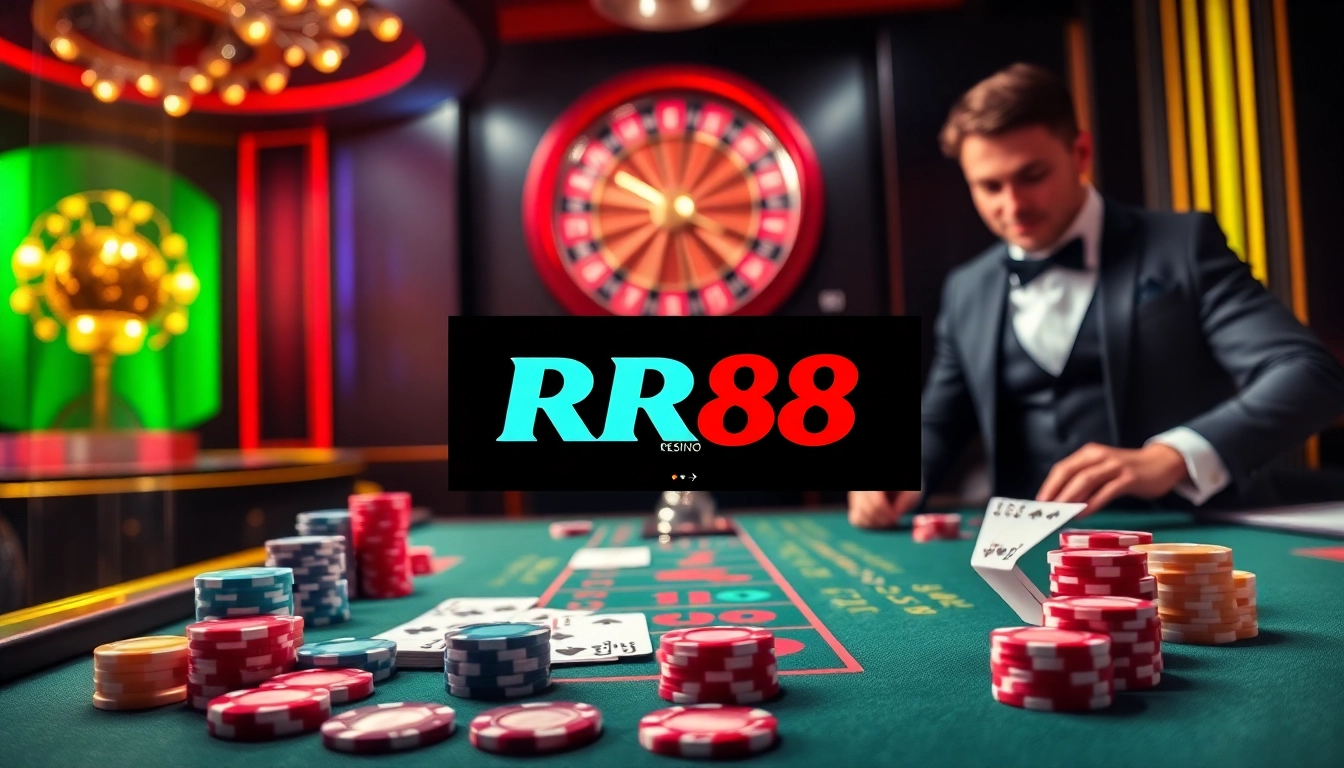 RR88 casino players engaging in high-stakes betting at a vibrant gaming table.