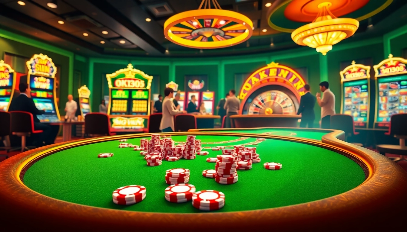 Players enjoying a thrilling game at an OK365 casino table with vibrant slot machines.