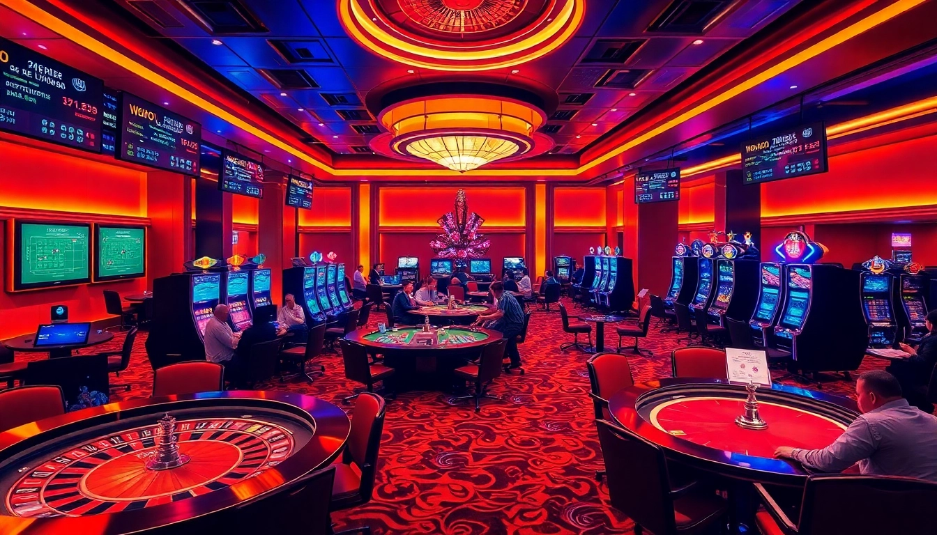 Gambling excitement at https://dabet.homes with players at poker tables and vibrant slot machines.