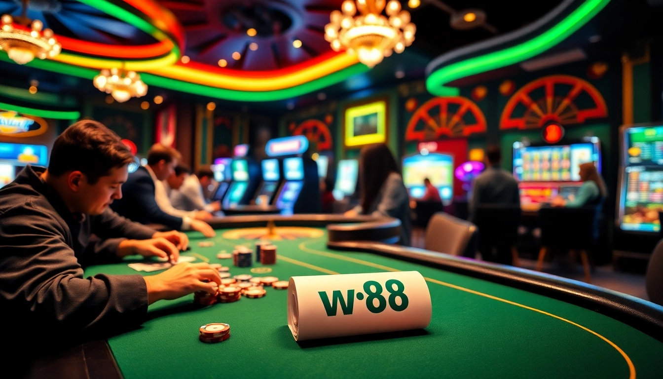 Play exciting casino games at w88, featuring vibrant poker tables and roulette wheels.