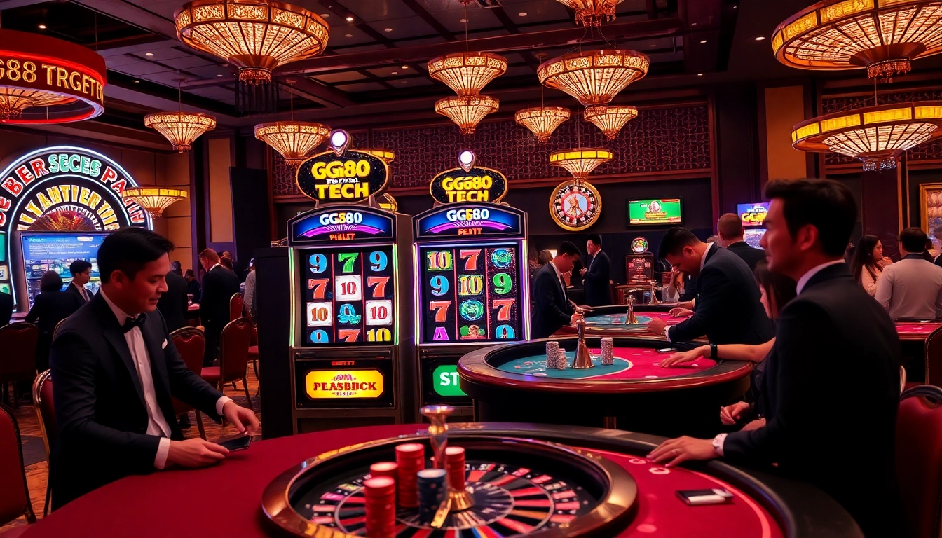 Players enjoying the vibrant GG88 Tech slot machine amidst a luxurious casino environment.