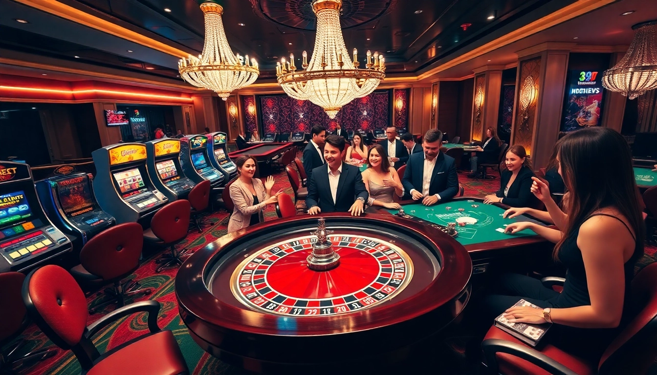Excited players gamble at the luxurious 39bet.com casino, with roulette and slot machines in view.