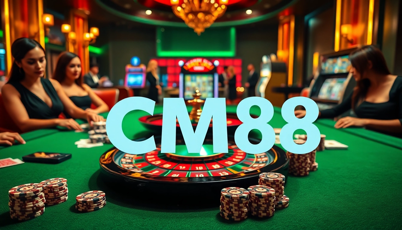 Gamblers enjoying a thrilling moment at a CM88-themed casino table with vibrant roulette and poker elements.