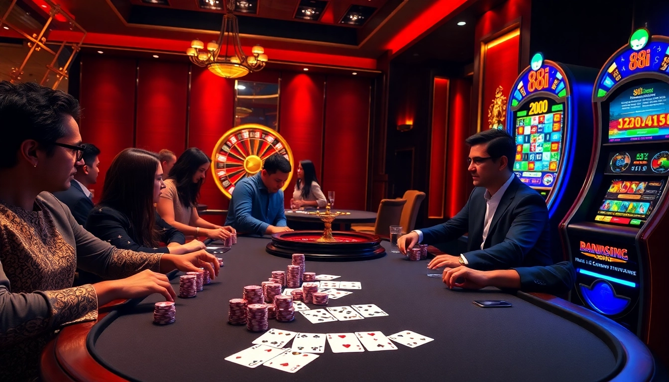Players strategizing at an 88i poker table under vibrant casino lights.