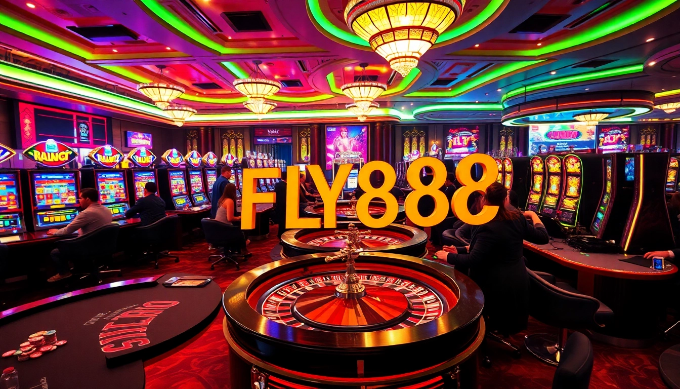 Experience the thrill of FLY88 with professional players enjoying vibrant roulette and slot machines.