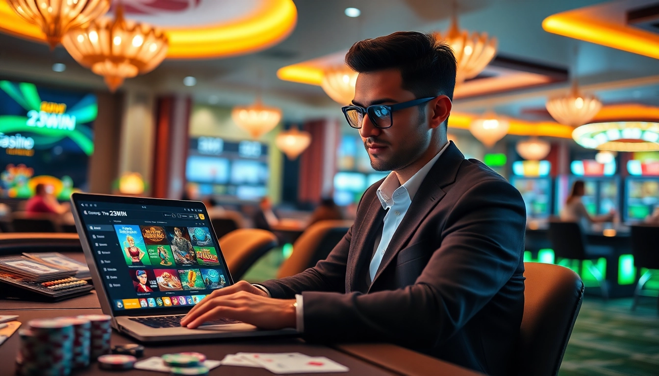 Experience the thrill of 23WIN with a modern online gaming scene featuring a user interacting with a vibrant interface.